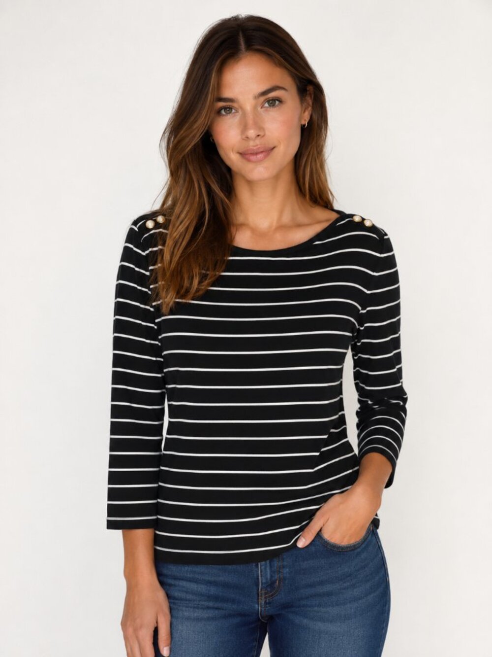 Jones New York Black & White Stripe Long Sleeve Top